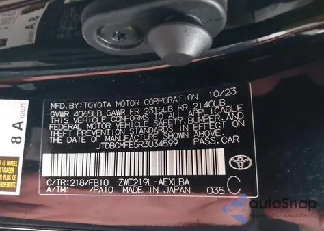 2024 Toyota Corolla Hybrid Le из США, поврежденный, VIN JTDBCMFE5R3034599